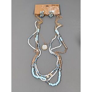 Beachy Boho Blue Beaded Gold Tone Four Chain Beaded Long Necklace Earring Set